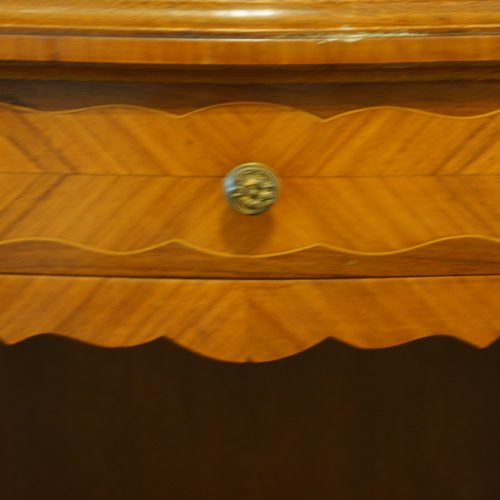 Pair of French walnut inlaid marble top bedside cabinets drawer front