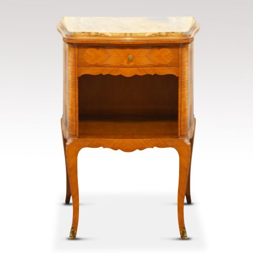 Pair of French walnut inlaid marble top bedside cabinets front