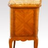 Pair of French walnut inlaid marble top bedside cabinets side detail