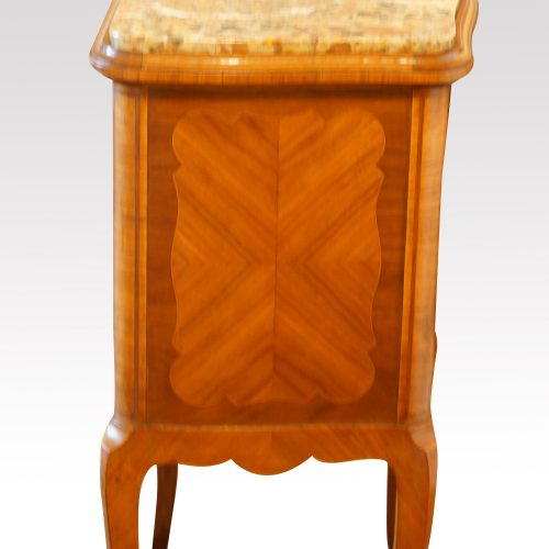 Pair of French walnut inlaid marble top bedside cabinets side detail