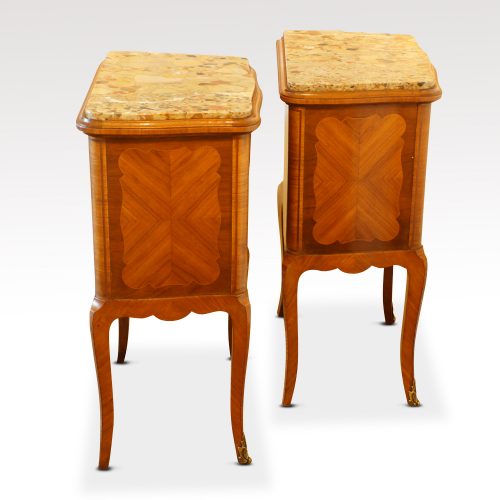 Pair of French walnut inlaid marble top bedside cabinets sides
