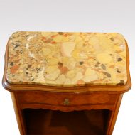 Pair of French walnut inlaid marble top bedside cabinets top