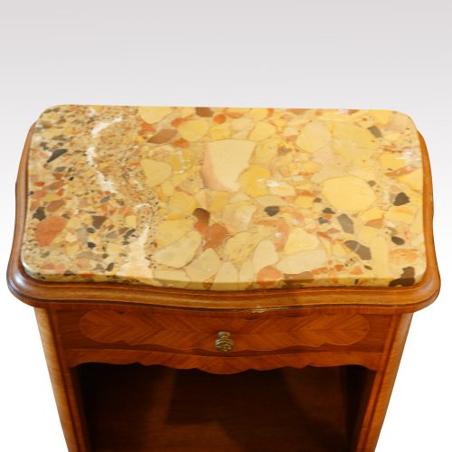 Pair of French walnut inlaid marble top bedside cabinets top