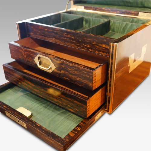Antique Coralmandel wood fitted box all drawers open