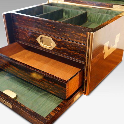 Antique Coralmandel wood fitted box sprung drawer open