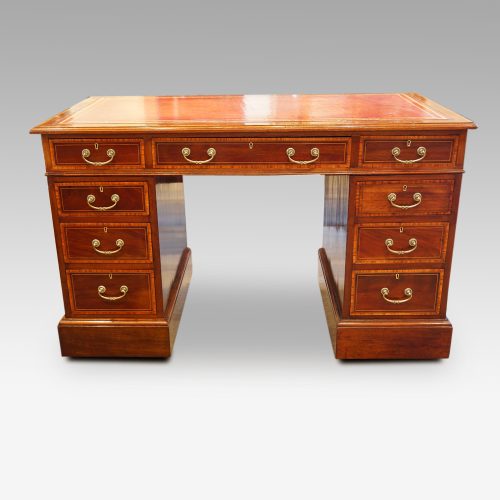 Edwardian inlaid mahogany pedestal desk front