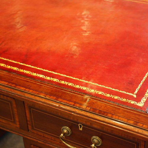 Edwardian inlaid mahogany pedestal desk leather detail