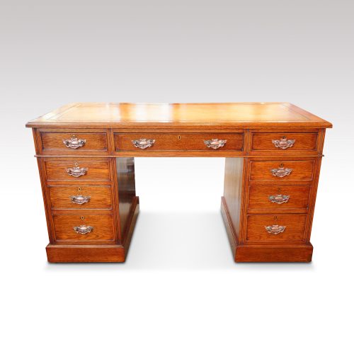 Victorian oak double pedestal desk front detail