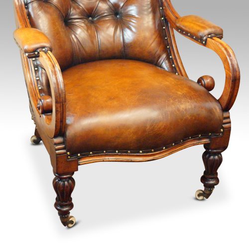 19thc. button back leather reading chair seat and arms
