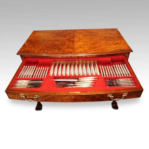 1930's walnut table canteen of cutlery drawers closed top detail top view top drawer