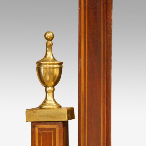 Edwardian inlaid mahogany shield shape cheval mirror brass finial
