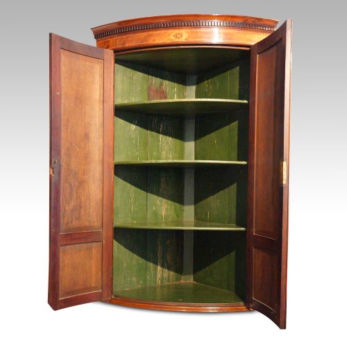 Georgian bow front mahogany hanging corner cabinet interior