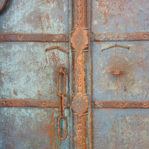 Indian carved teak doors with original paint central door jam