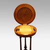 Victorian inlaid walnut circular workbox lid open
