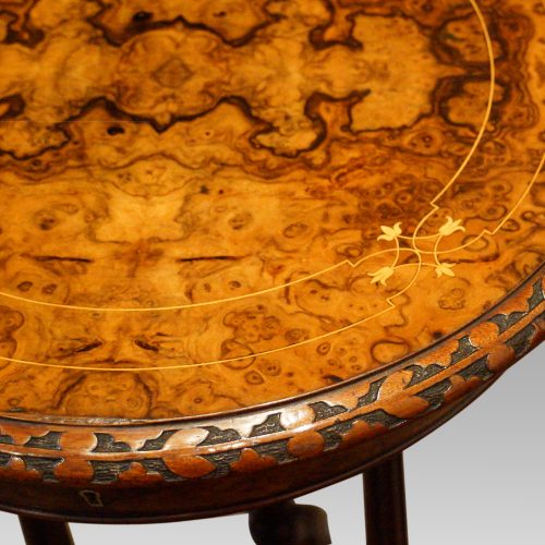 Victorian inlaid walnut circular workbox top detail