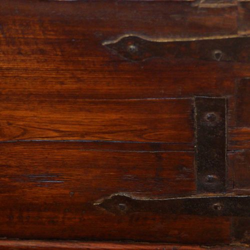 Antique hardwood merchants valuables trunk corner detail