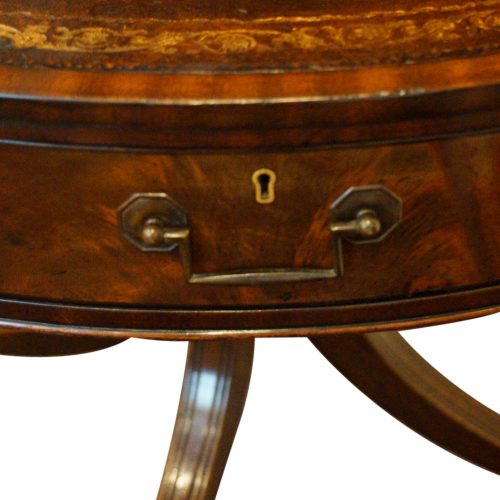 Edwardian mahogany drum table drawer detail