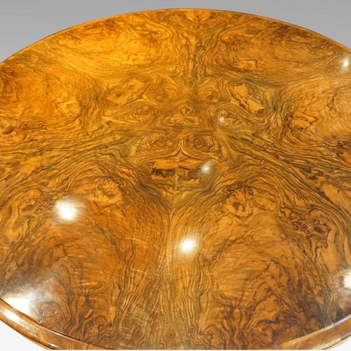 Victorian burr walnut circular dining table top detail