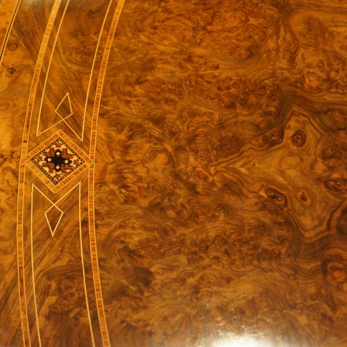 Victorian oval inlaid walnut coffee table top detail