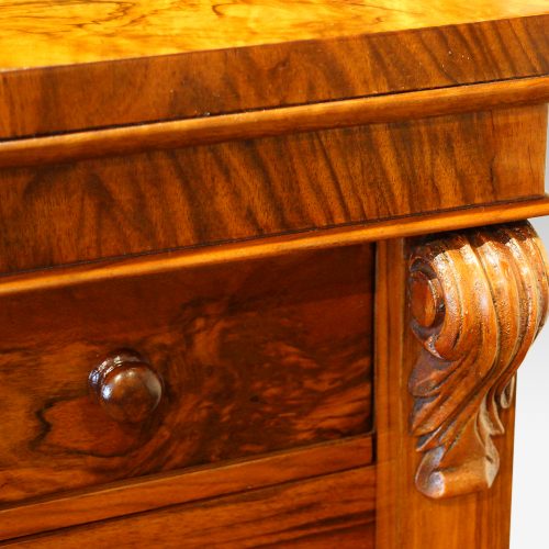 Victorian figured walnut Wellington chest carving
