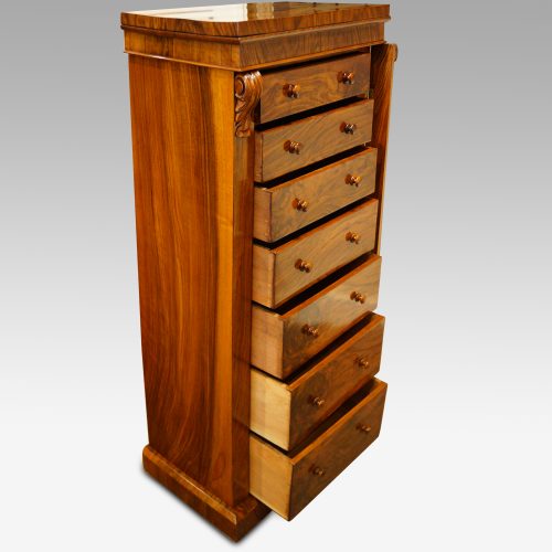 Victorian figured walnut Wellington chest drawers open