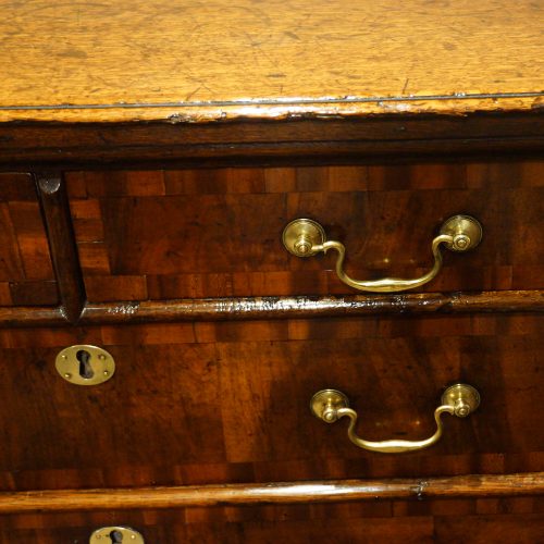 18thc. walnut on oak chest of drawers front detail