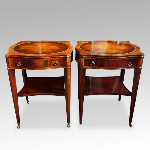 Pair inlaid mahogany end tables front detail