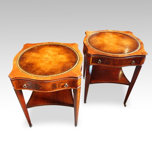 Pair inlaid mahogany end tables together
