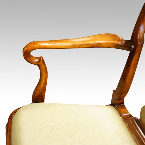Set of 8 walnut Queen Anne style dining chairs arm detail