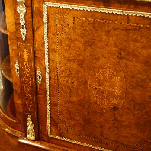 Victorian inlaid walnut credenza door detail
