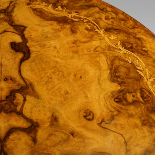 Victorian inlaid walnut oval centre table top detail