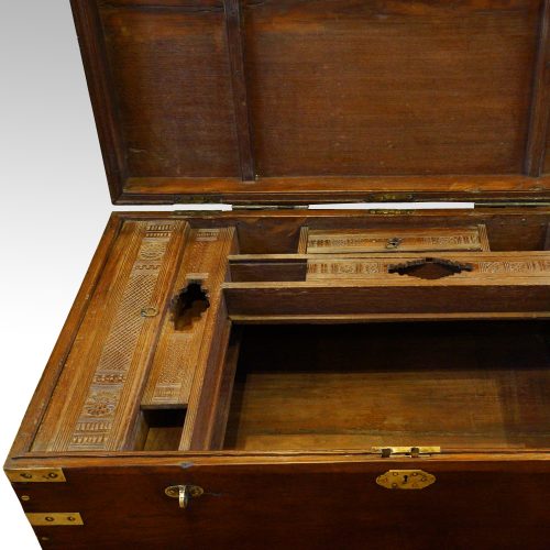 Antique brass bound campaign trunk interior detail