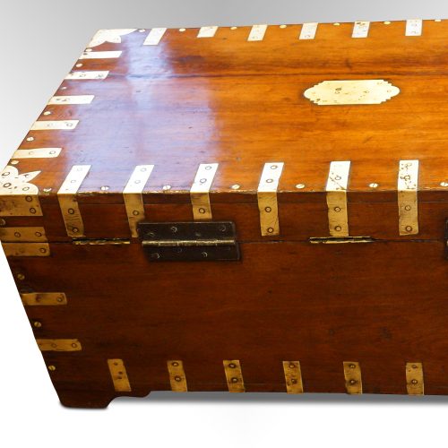 Antique brass bound campaign trunk rear