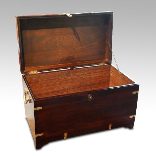 Victorian rosewood brass bound campaign chest lid open
