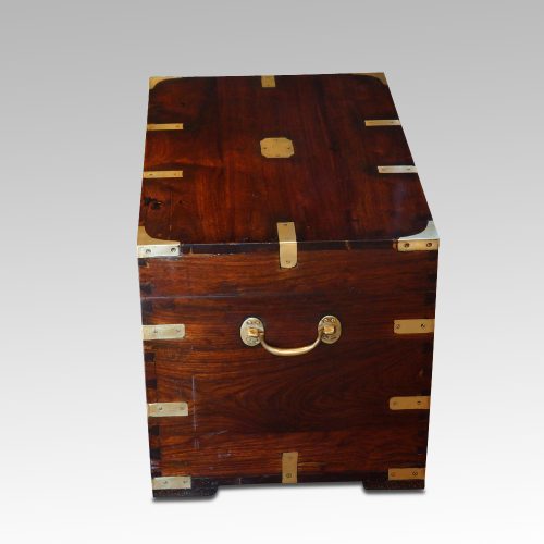 Victorian teak brass bound small campaign trunk end view