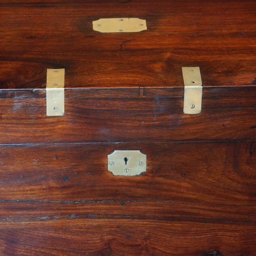 Victorian teak brass bound small campaign trunk lock