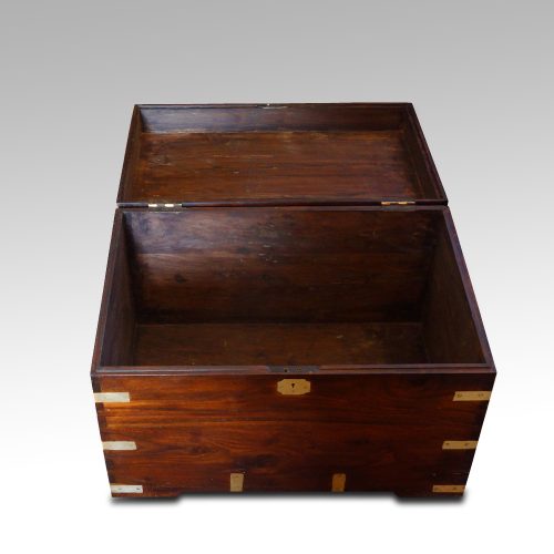 Victorian teak brass bound small campaign trunk open