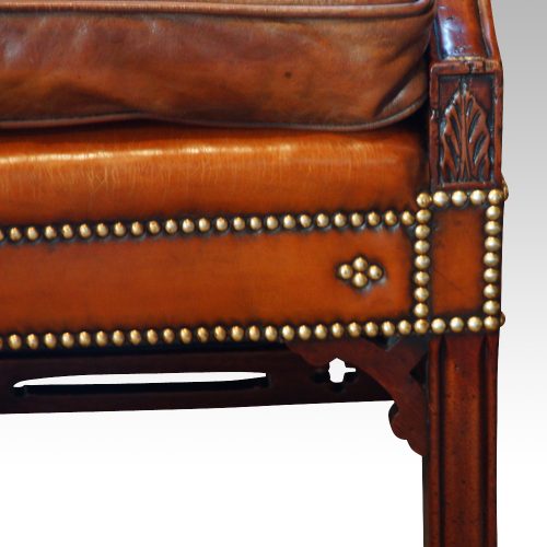 Edwardian mahogany camel back sofa brass panel