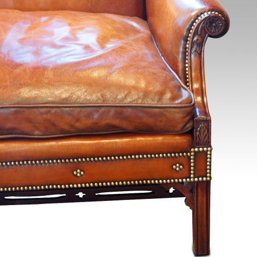 Edwardian mahogany camel back sofa brass studding