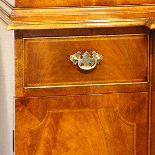 Walnut small breakfront bookcase drawer detail