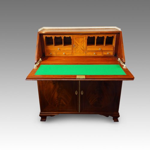 Edwardian inlaid mahogany bureau with cupboard interior
