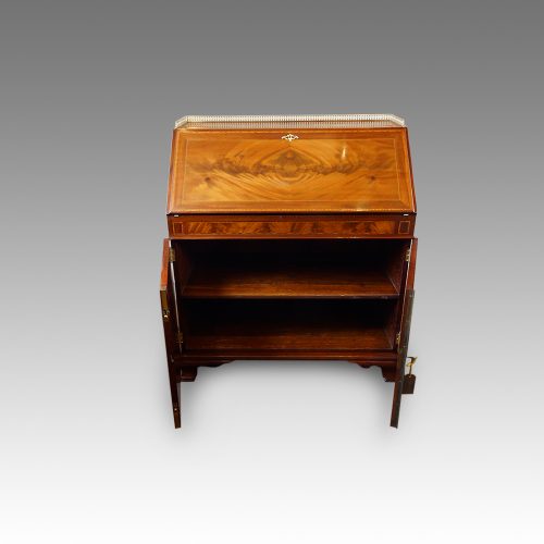 Edwardian inlaid mahogany bureau with cupboard open