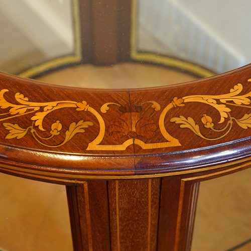 Edwardian mahogany circular bijouterie cabinet border detail