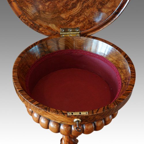 Victorian walnut circular workbox interior