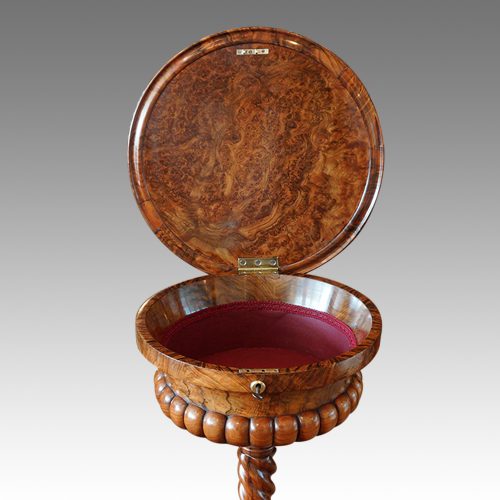 Victorian walnut circular workbox lid open