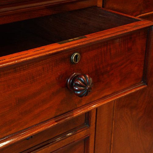Victorian dwarf mahogany wardrobe drawer detail