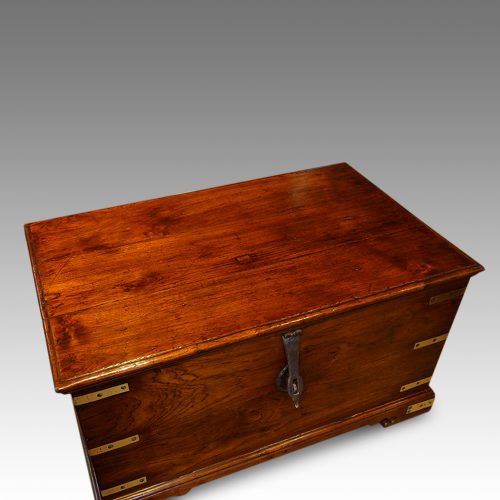 Victorian teak brass bound military chest at angle