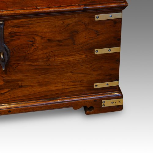 Victorian teak brass bound military chest corner