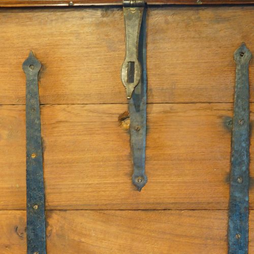 Victorian teak brass bound military chest lid interior