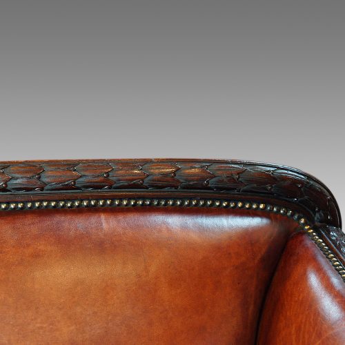 Edwardian mahogany leather sofa back rail